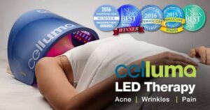 Tratamiento con luz LED Celluma para acné, arrugas y dolor, aplicado en zona facial y cervical