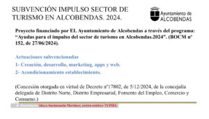 Subvención Ayuntamiento de Alcobendas para el impulso del turismo, beneficiaria Estética Tupiel