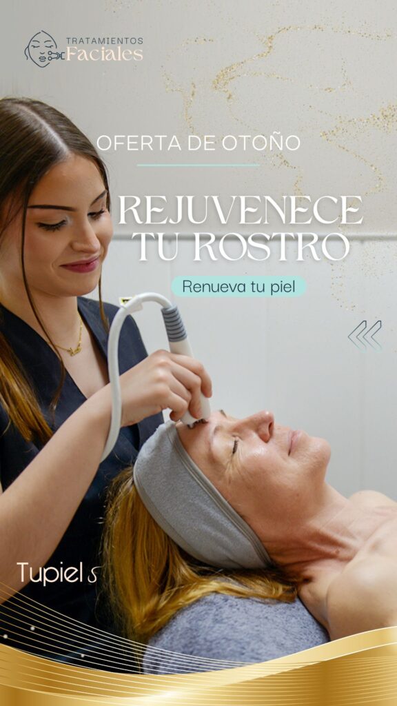 Tratamiento facial de Tupiel con una profesional aplicando aparatología en el rostro de una clienta durante la oferta de otoño.