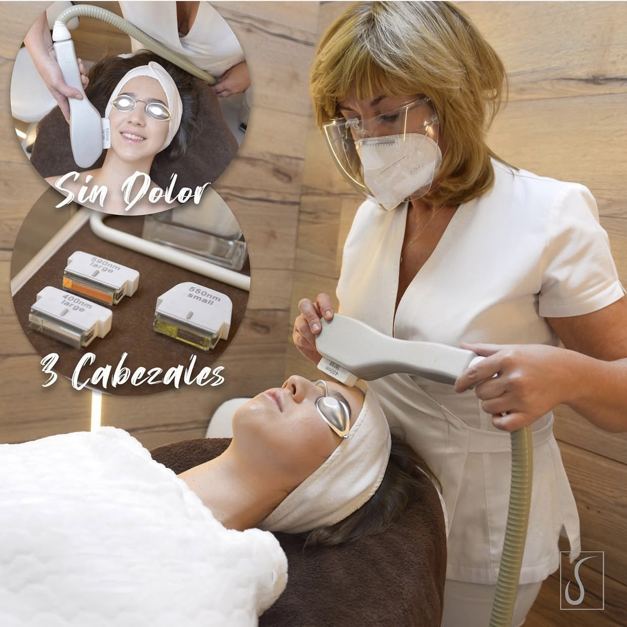Tratamiento facial con luz pulsada realizado por una profesional, con la clienta protegida con gafas opacas. La imagen destaca que el procedimiento es sin dolor y muestra tres cabezales intercambiables de diferentes longitudes de onda.