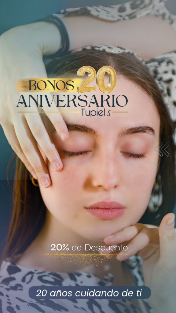 Promoción de aniversario de Tupiel con una mujer recibiendo tratamiento facial y mensaje de descuento del 20 por ciento.